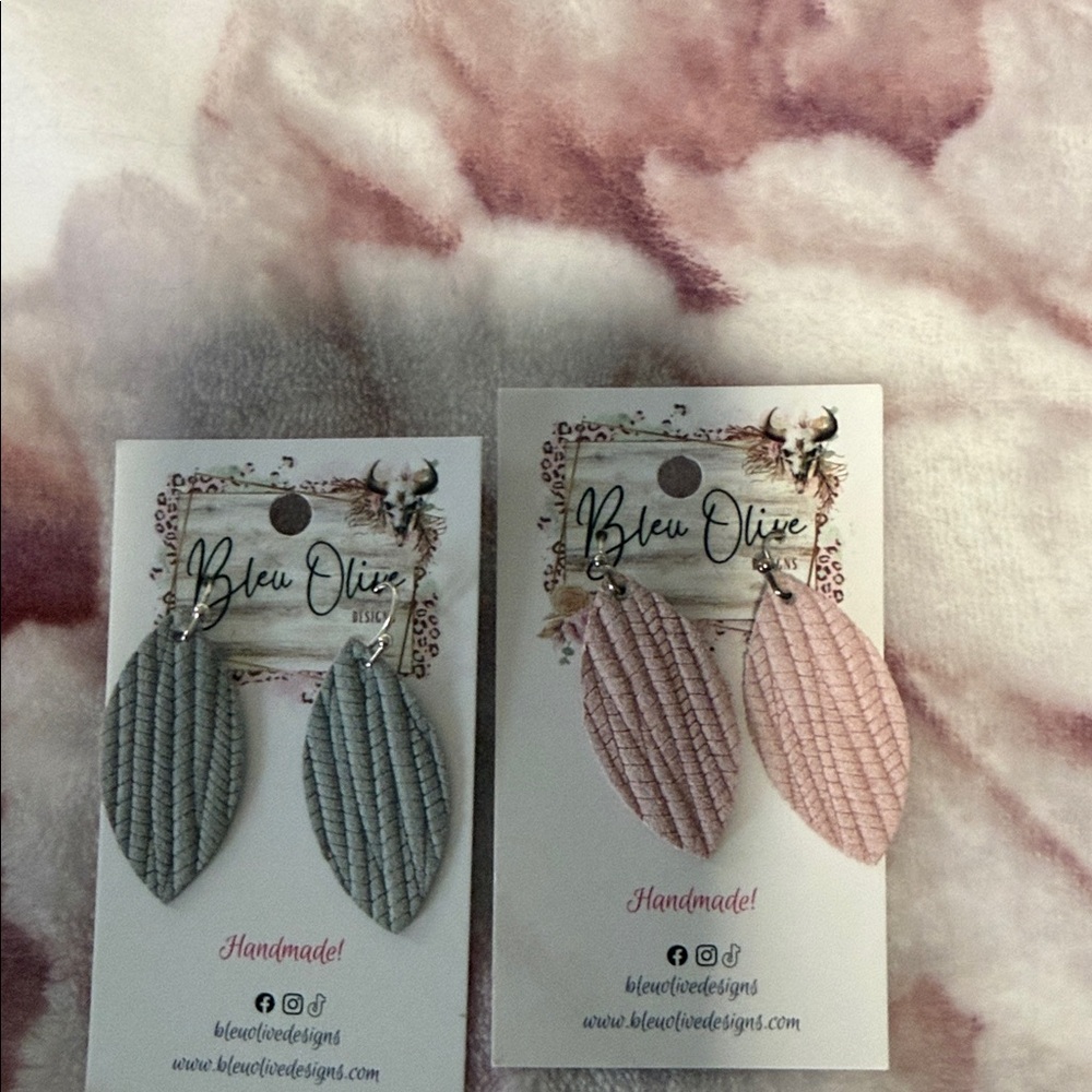 Pink and Gray Leaf leather Earrings